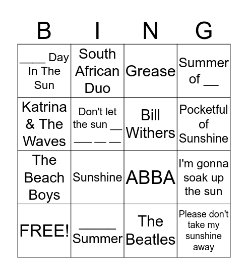 Here Comes The Sun Bingo Card