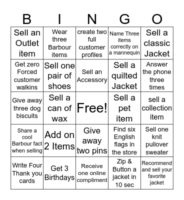 Barbour Bingo Card