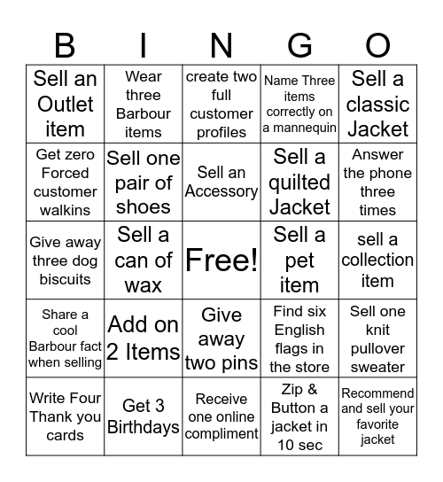 Barbour Bingo Card