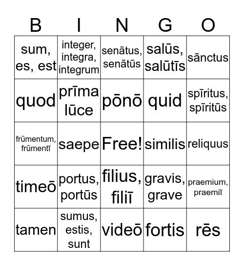 LATIN VOCABULARY BOARD THREE Bingo Card