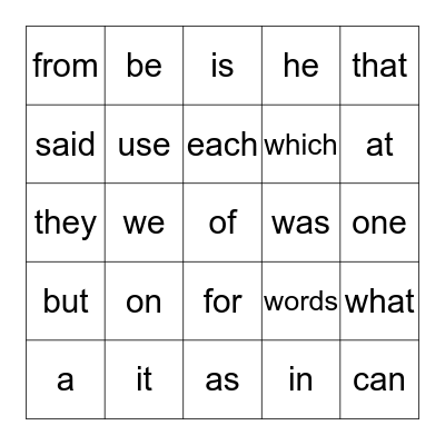 Sight Words Bingo Card