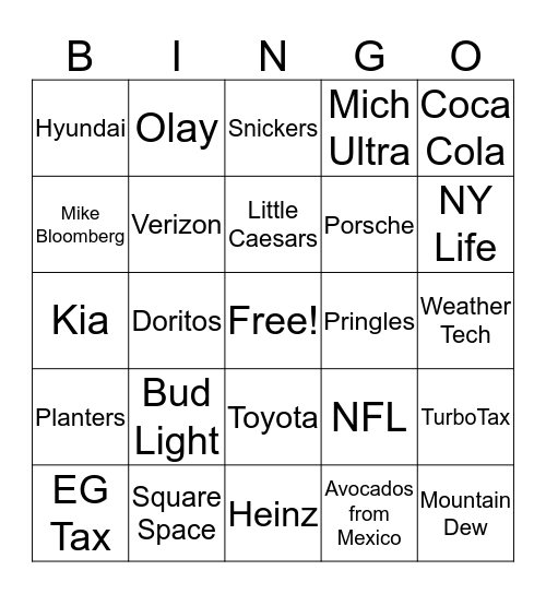 Super Bowl Bingo Card