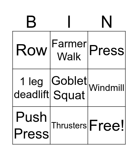 Kettlebell Bingo Card