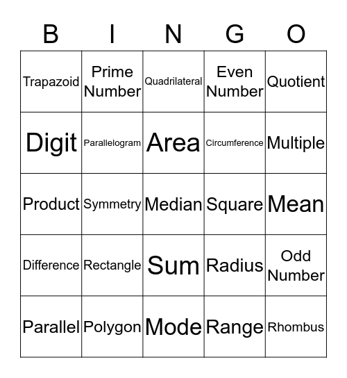 Math Vocabulary Bingo Card
