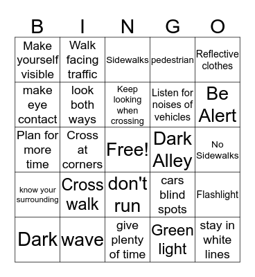 Pedestrian Safety Bingo Card