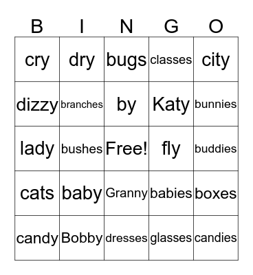 First -y, -s, -es, -ies Bingo Card