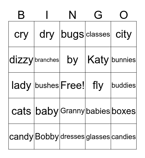 First -y, -s, -es, -ies Bingo Card