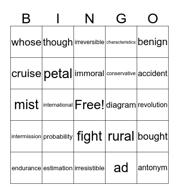 6th Grade Sight Word Bingo Card