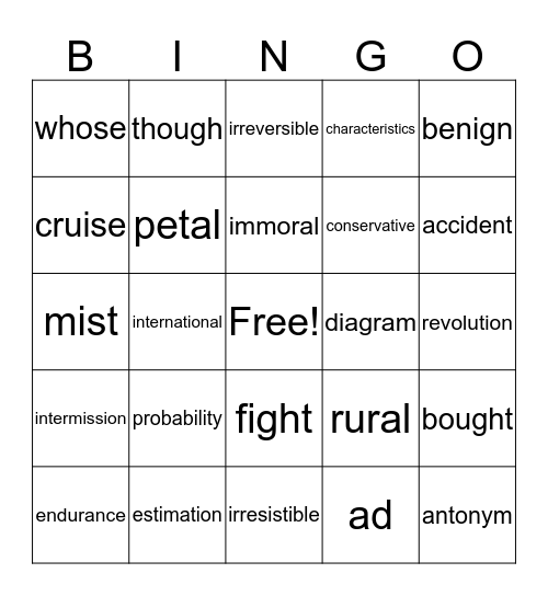6th Grade Sight Word Bingo Card