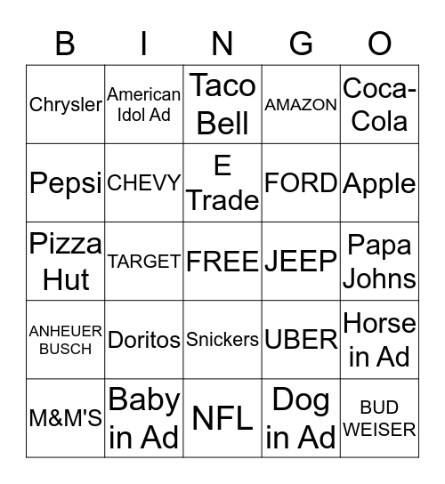 Super Bowl Bingo Card