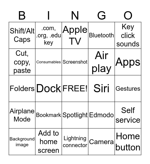 Summer iPad Camp Bingo Card