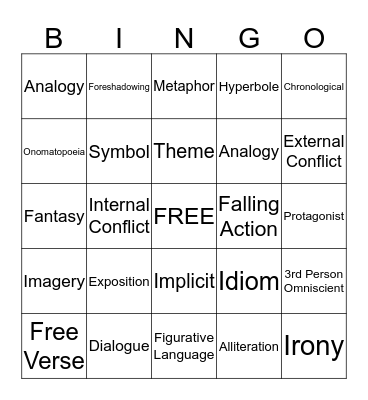 ELA Terms BINGO Card