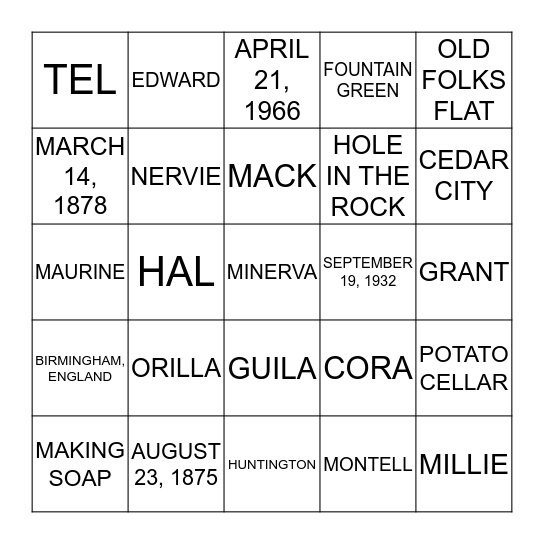 GUYMON FAMILY Bingo Card