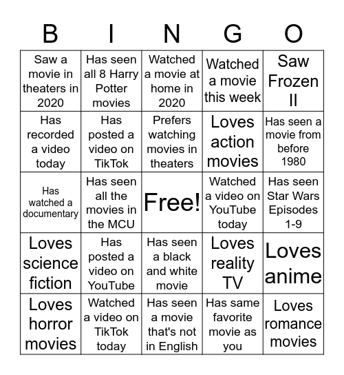 Movie Bingo Card