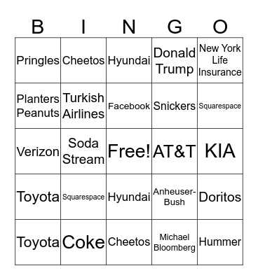 Super Bowl Commercial Bingo Card