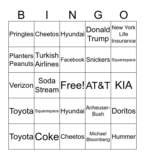 Super Bowl Commercial Bingo Card