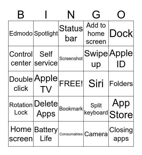 Summer iPad Camp Bingo Card