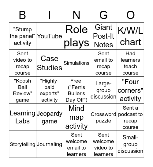 LEARNING BINGO Card