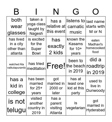 Madhavi and Nagesh 25th Anniversary Bingo Card