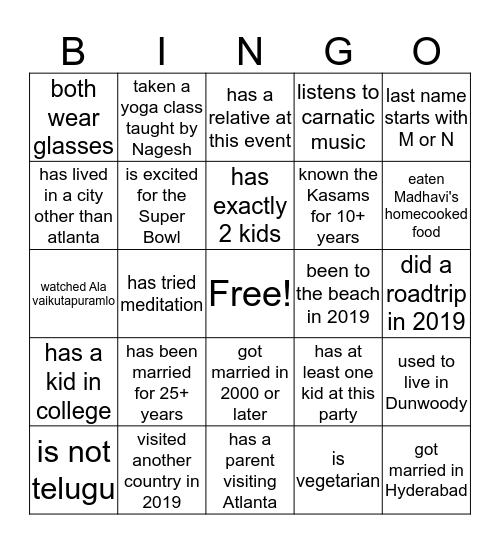 Madhavi and Nagesh 25th Anniversary Bingo Card