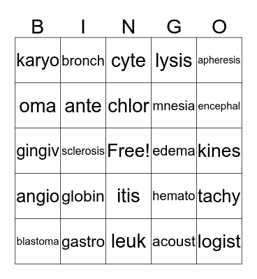 Medical Term Roots Bingo Card