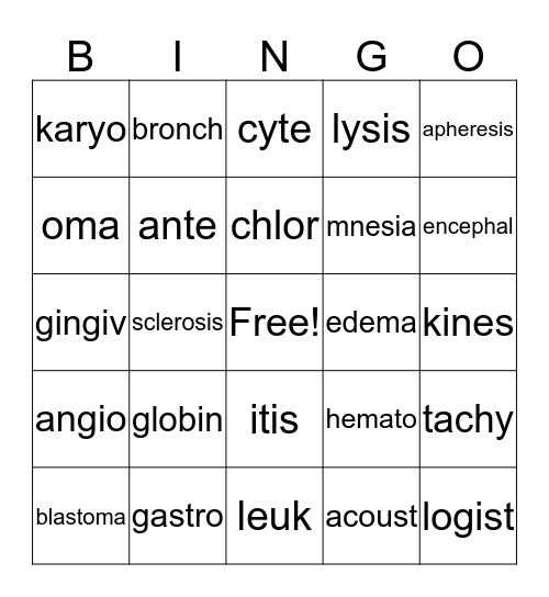 Medical Term Roots Bingo Card