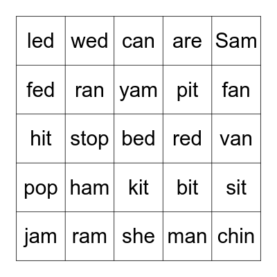 February Word Family Words Bingo Card