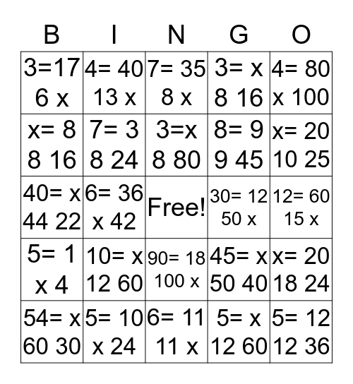 Solving Proportions Bingo Card