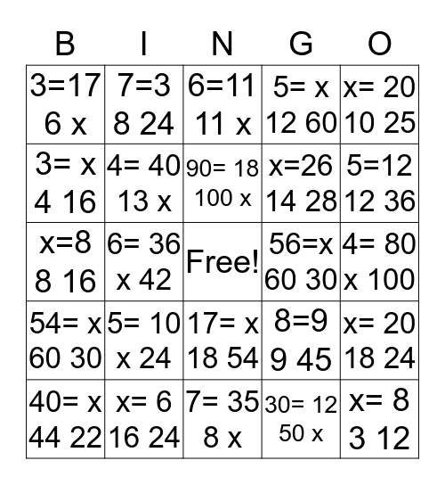 Solving Proportions Bingo Card