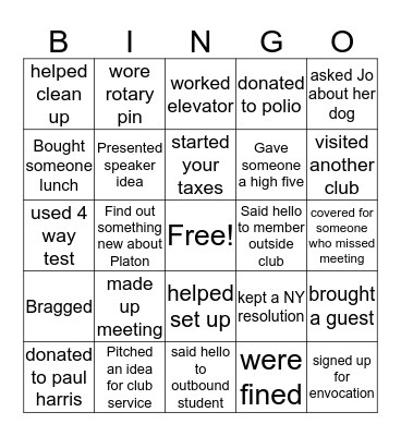 Rotary Bingo January Bingo Card