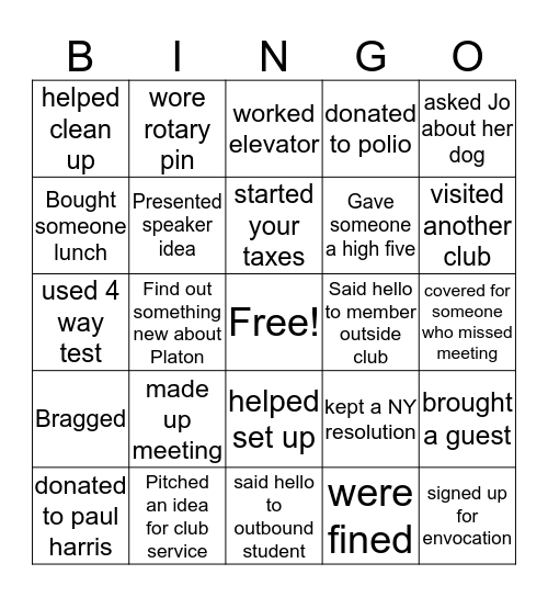 Rotary Bingo January Bingo Card