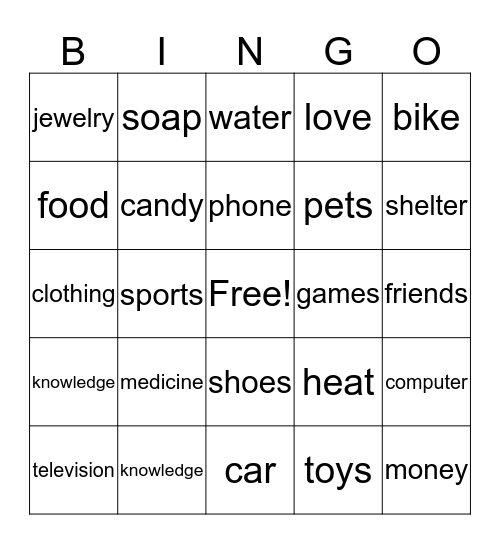 Wants and Needs Bingo Card