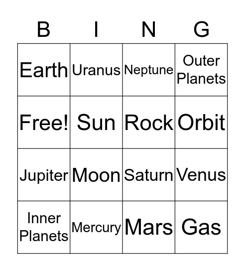 Solar System Bingo Card