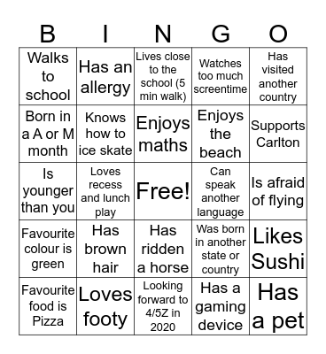 Get to know you BINGO Card