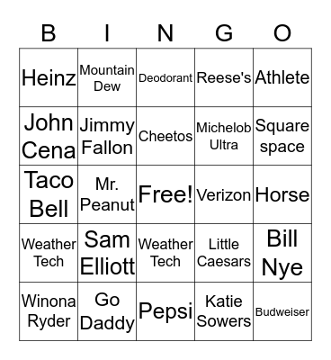 Super Bowl Commercials 2020 Bingo Card