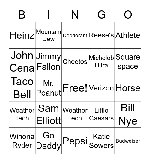 Super Bowl Commercials 2020 Bingo Card