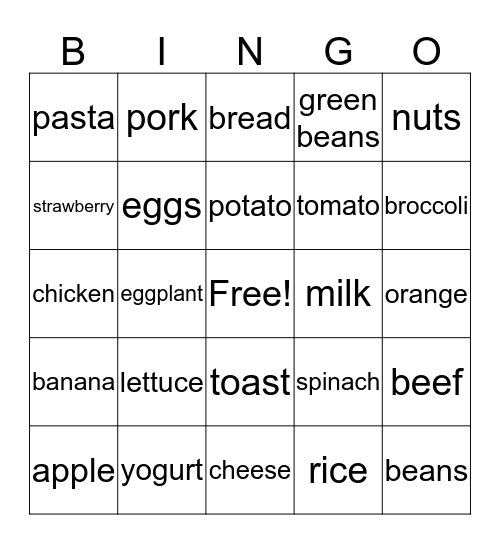 Healthy Eating Bingo Card