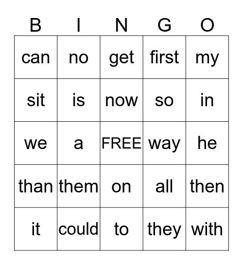 Sight Word Bingo Card