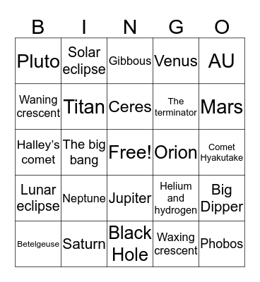 Grade 6 Astronomy Bingo Card