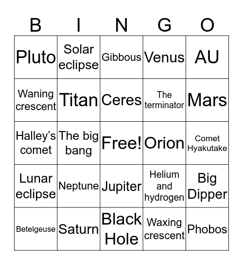 Grade 6 Astronomy Bingo Card