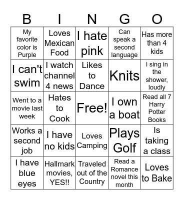 Get to know you Bingo Card