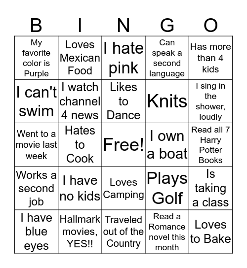 Get to know you Bingo Card
