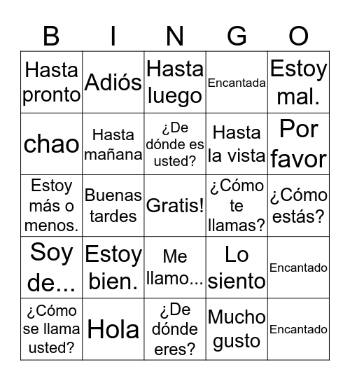 Práctica Prueba 1 UP Spanish 1 Bingo Card