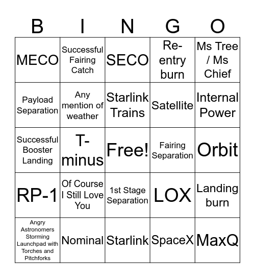 SpaceX Starlink v1.0 L3 Launch Bingo! Bingo Card