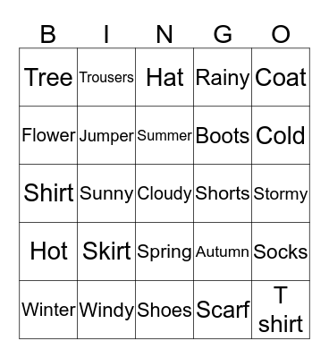 Clothes and Weather Bingo Card