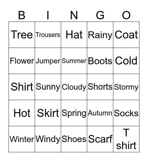 Clothes and Weather Bingo Card