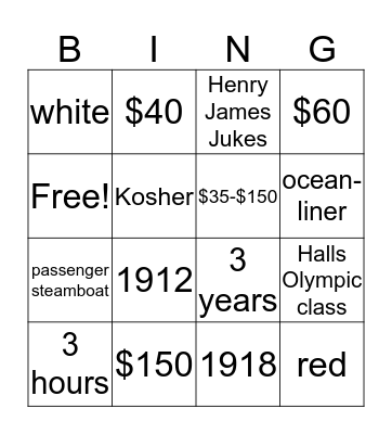 Titanic Bingo Card