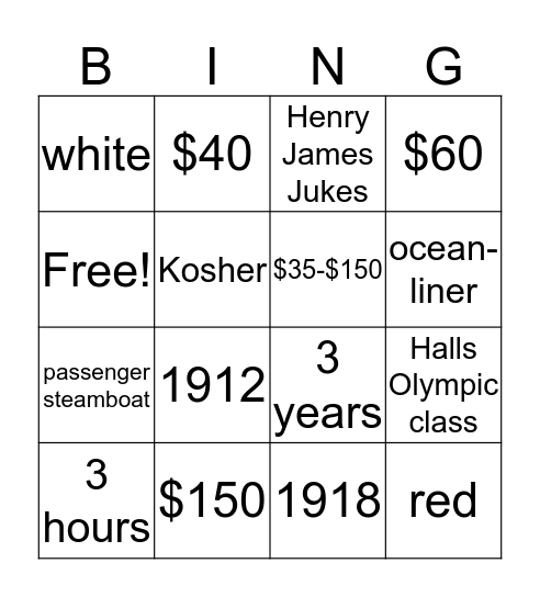 Titanic Bingo Card