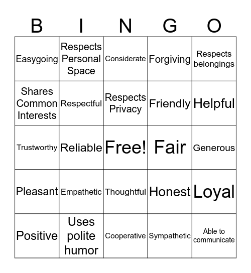 Friendship Characteristics Bingo Card