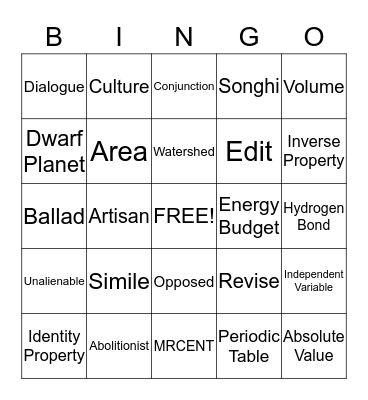 6th Grade Review Bingo Card